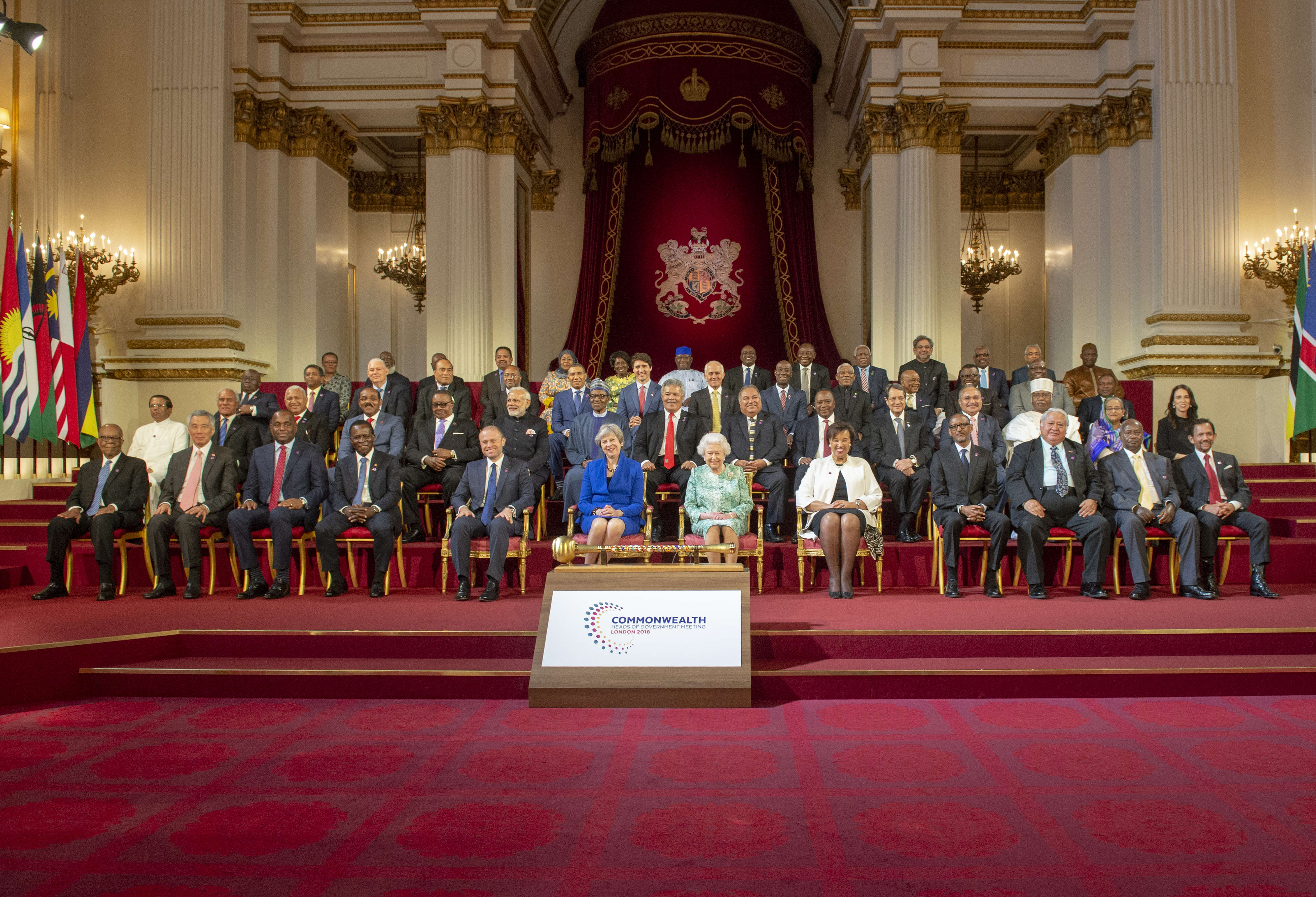 Her Majesty The Queen and Commonwealth leaders at the formal opening of CHOGM 2018
