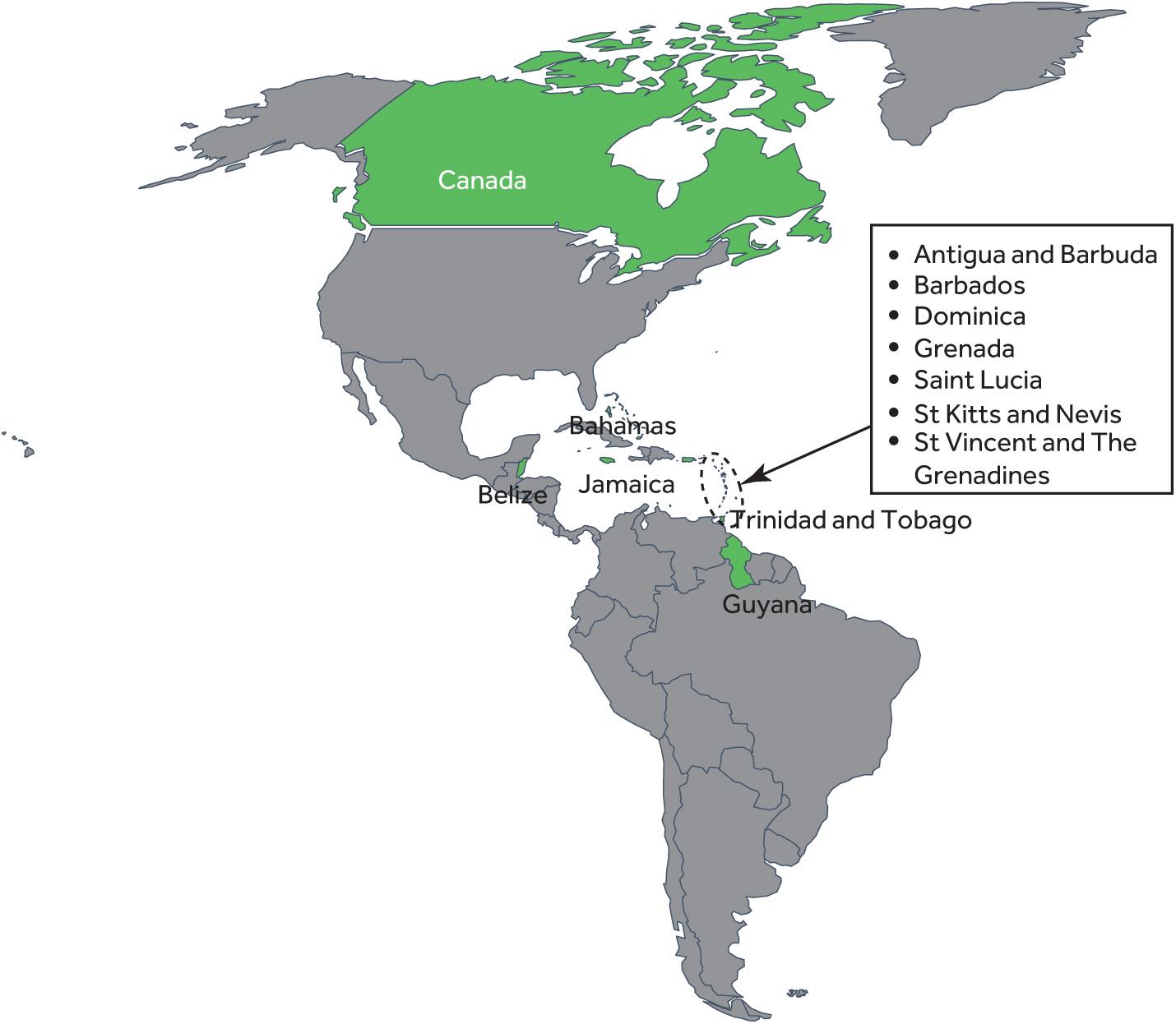 Map of North and South America showing the Commonwealth countries