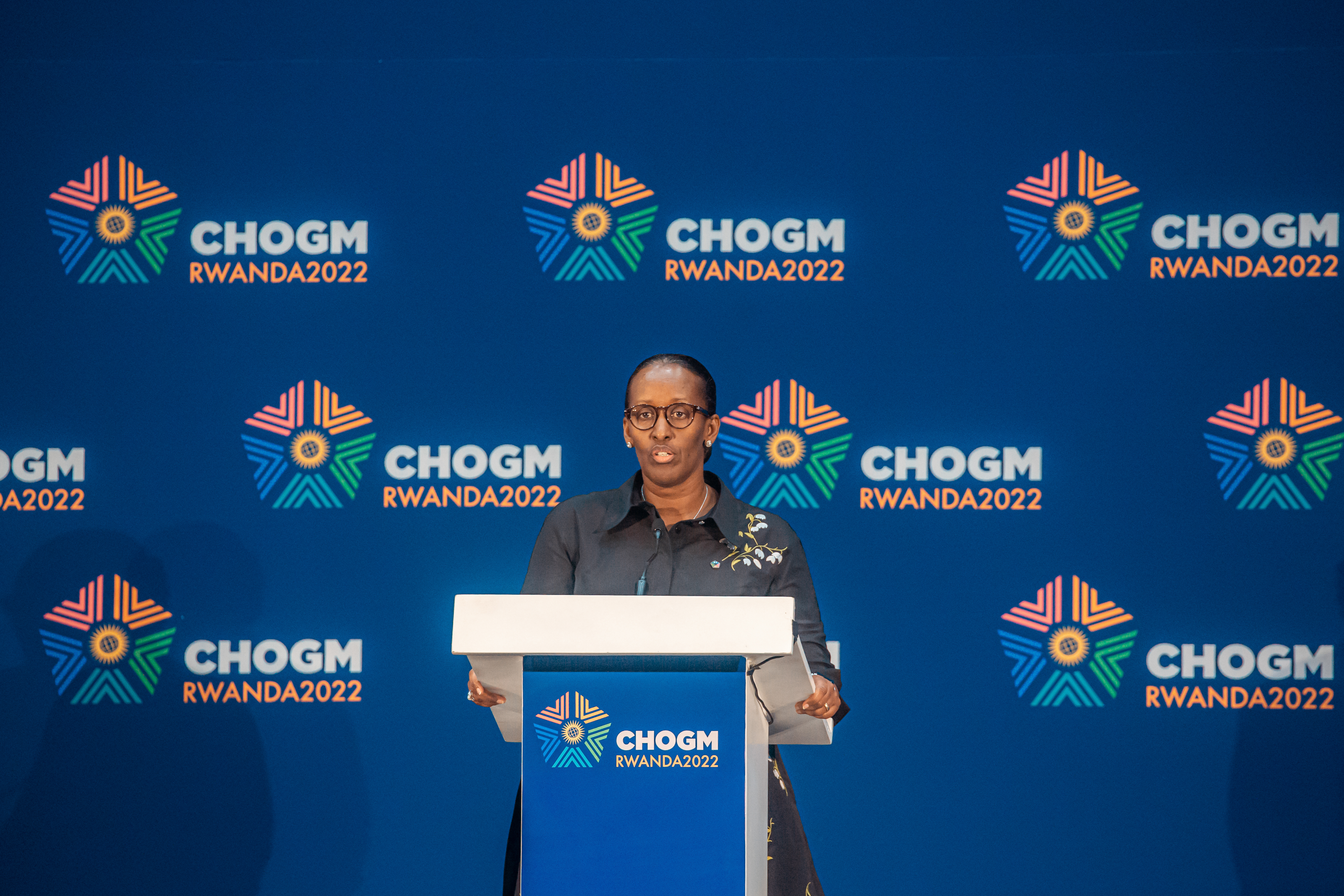 First Lady of Rwanda Jeannette Kagame delivers an address at a mental health event during CHOGM 2022