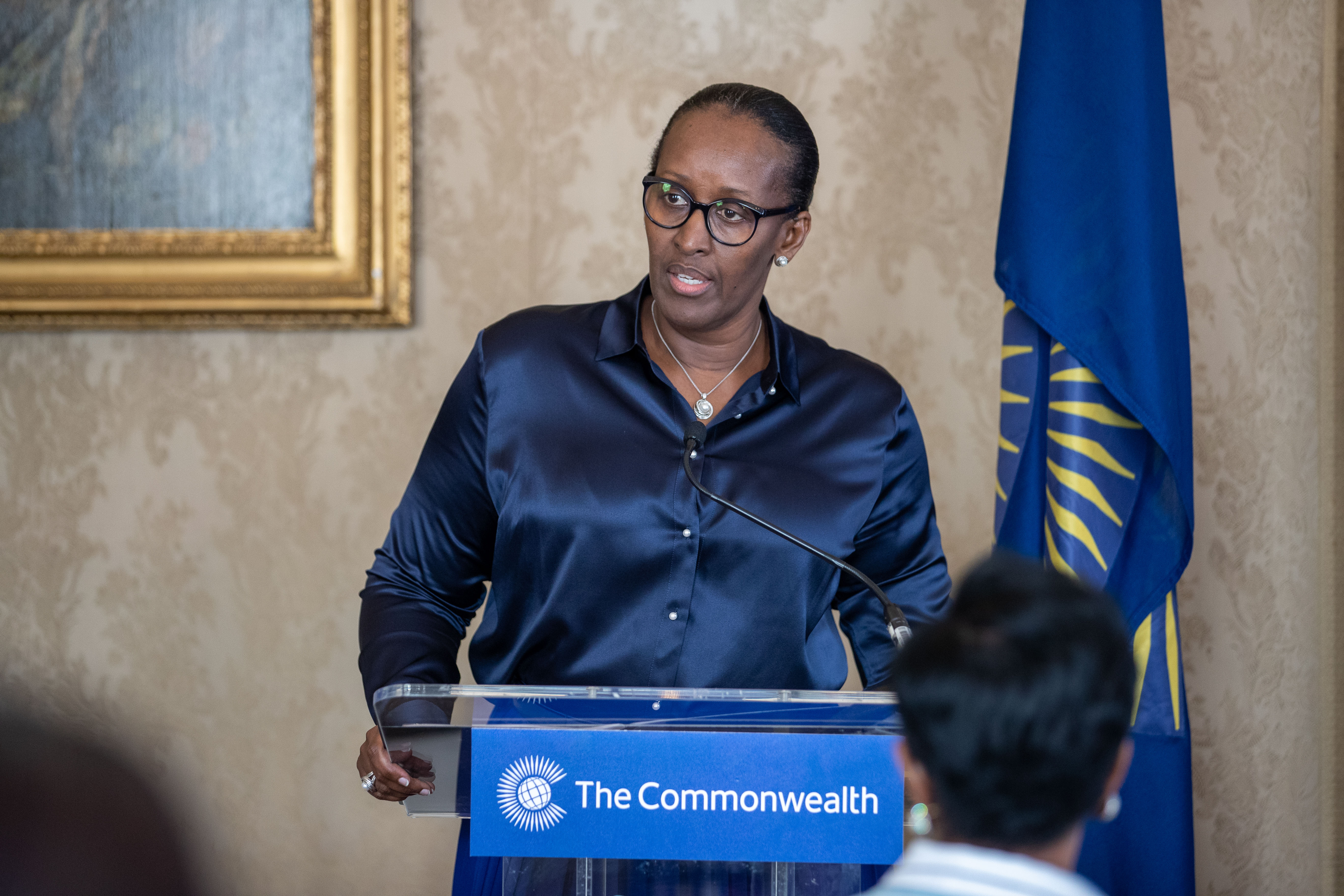 First Lady of Rwanda, H.E. Jeannette Kagame, speaking at the gathering of spouses and partners of Commonwealth Heads of Government&nbsp;