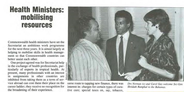 Newspaper clipping on the 1986 Commonwealth health ministers meeting in the Bahamas