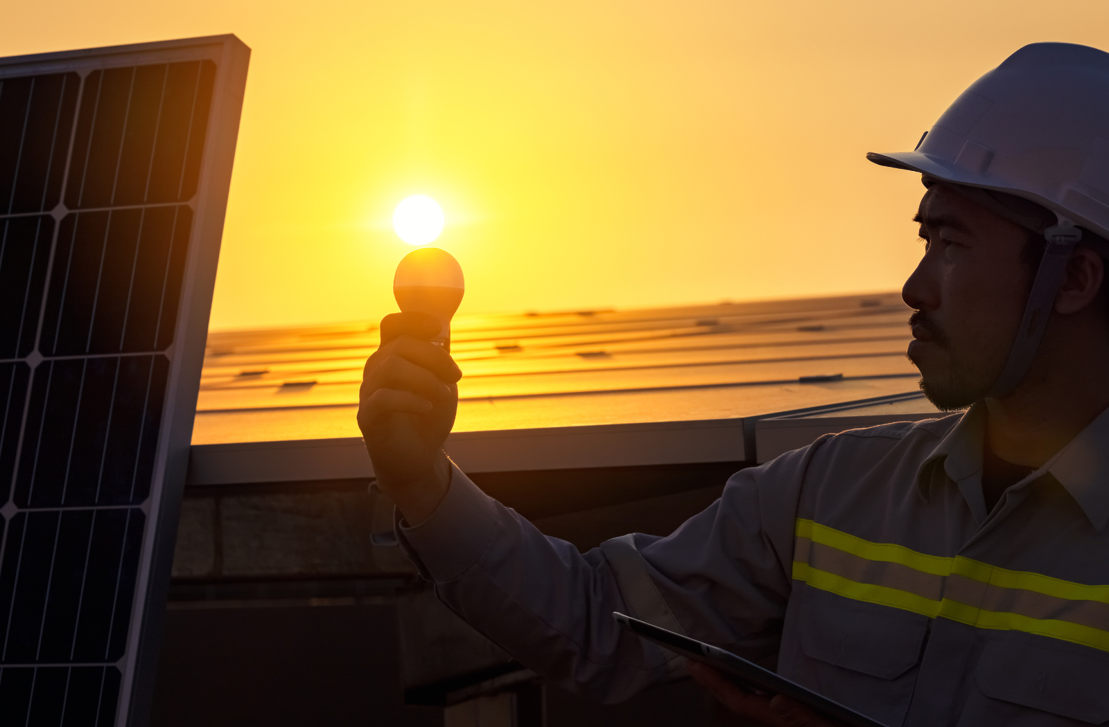 Clean energy operative working at either sunrise or sunset with solar panels whilst examining a light bulb