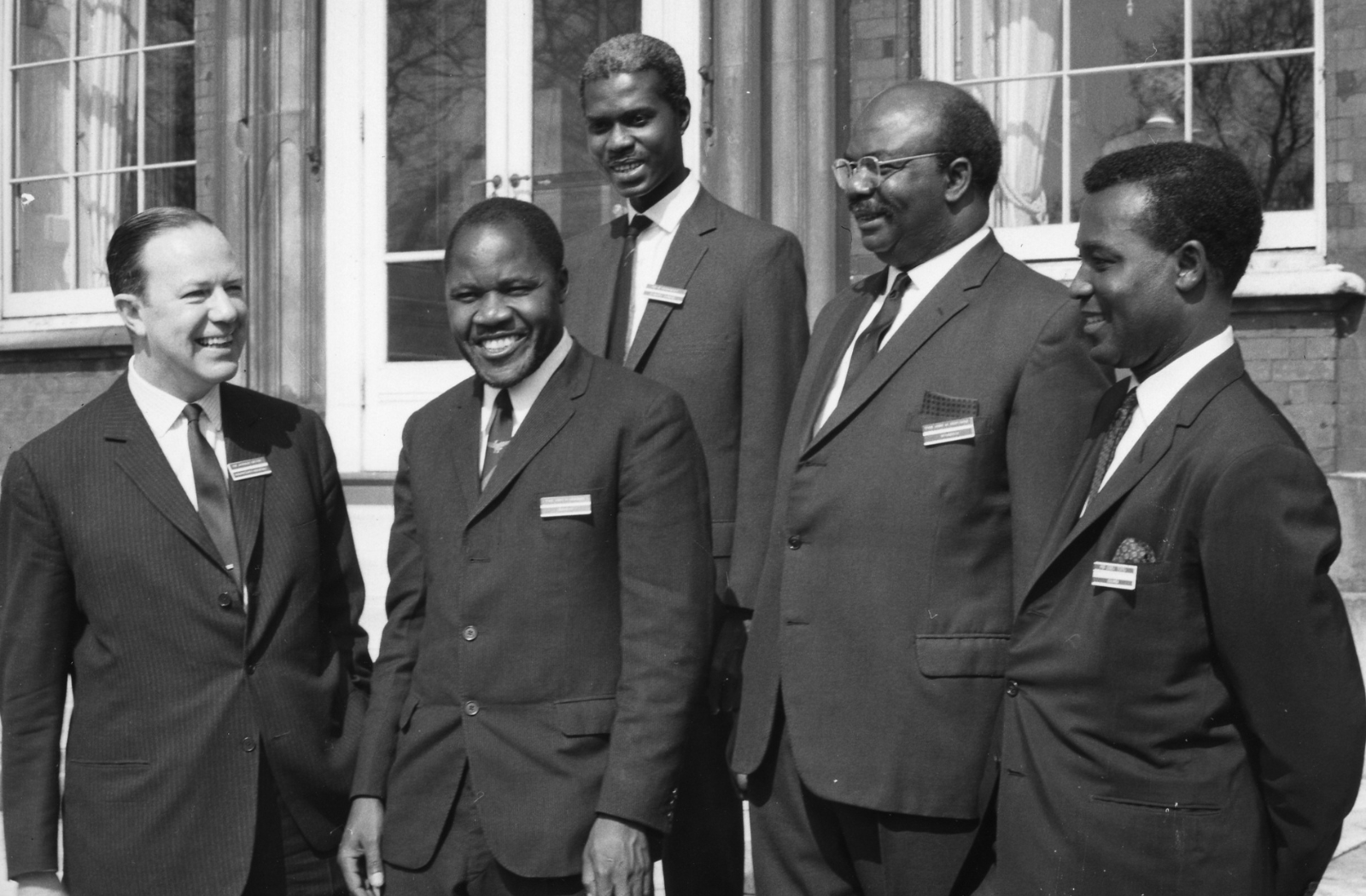 First Commonwealth Secretary-General, Arnold Smith, on the steps of Marlborough House with Commonwealth Law Ministers