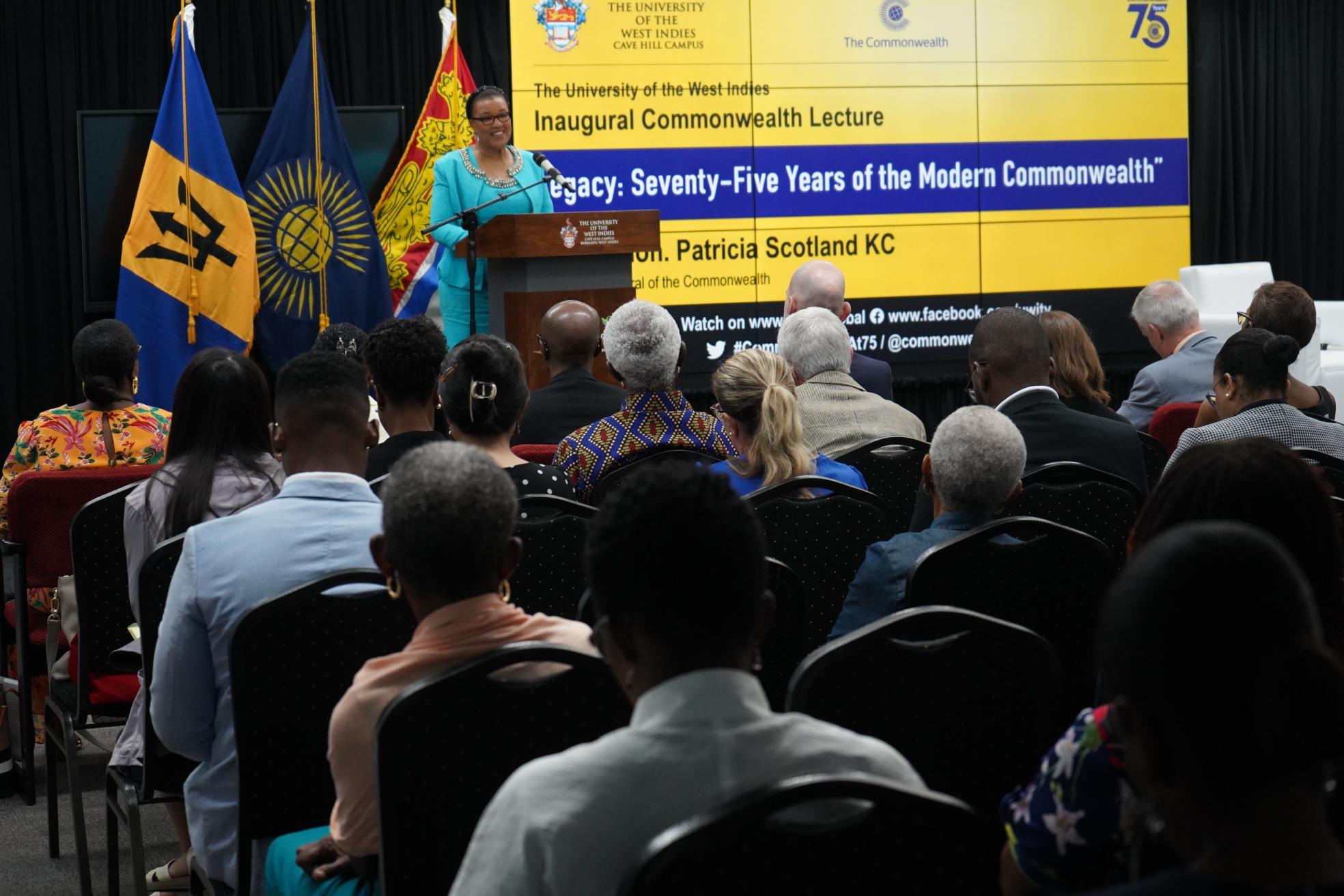 Commonwealth Secretary-General, the Rt Hon Patricia Scotland KC, delivering the inaugural Commonwealth lecture in Barbados 