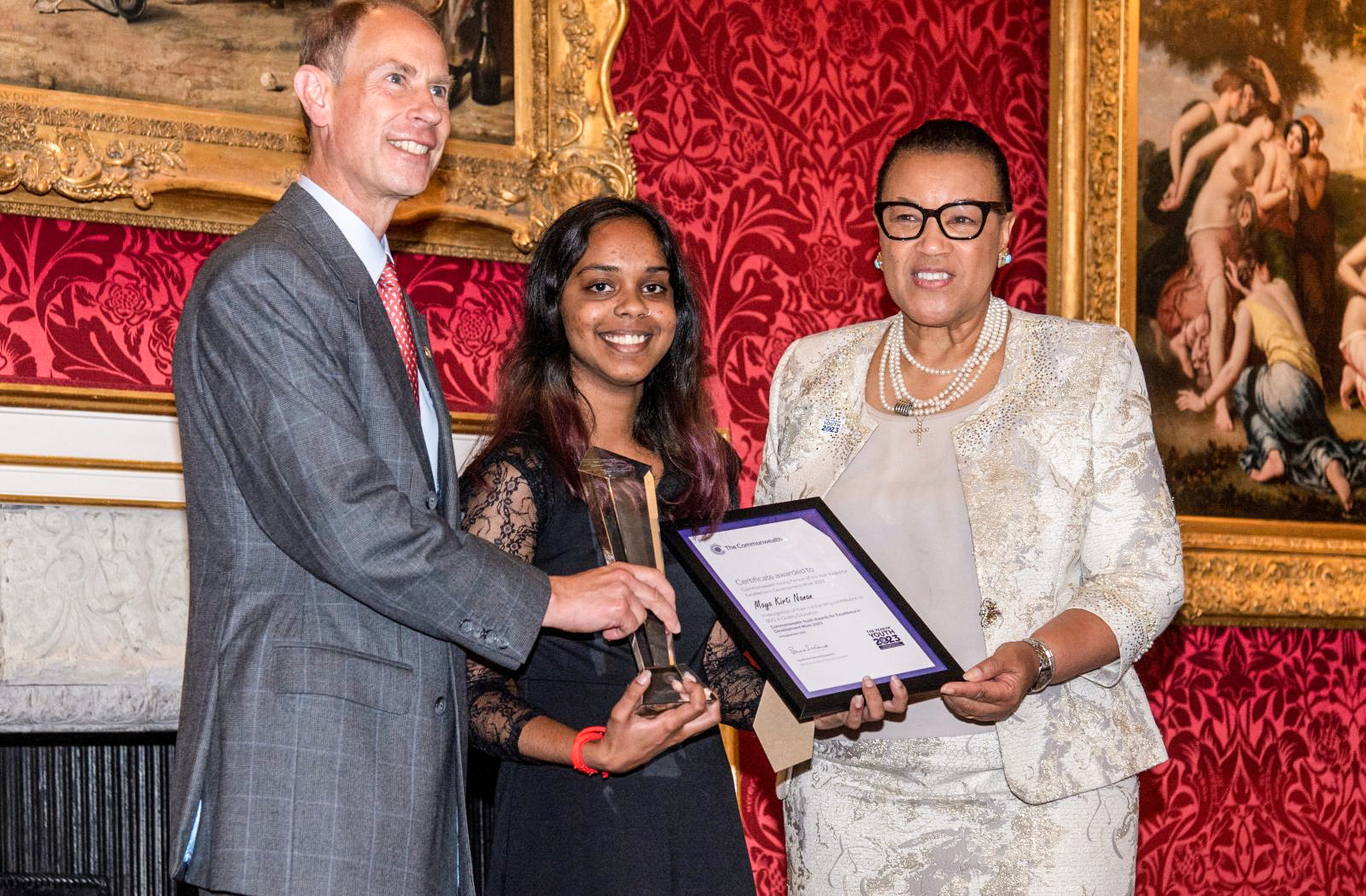 Maya Nanan, 2023 Commonwealth Youth Award Winner, with the Duke of Edinburgh and Commonwealth Secretary-General