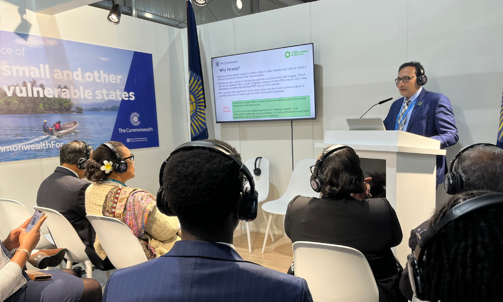 A Commonwealth Climate Finance Adviser speaking at the Commonwealth Pavilion