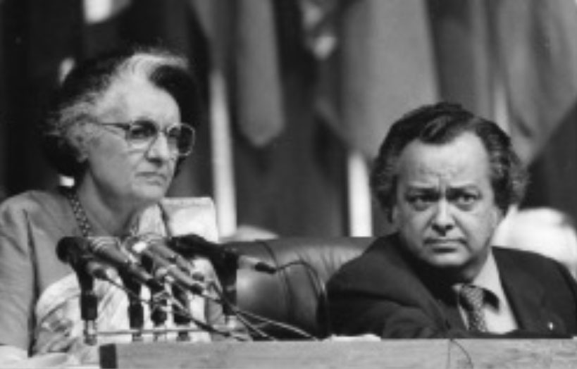 Sir Shridath Ramphal with Indian Prime Minister Indira Gadhi at the CHOGM in New Delhi 1983
