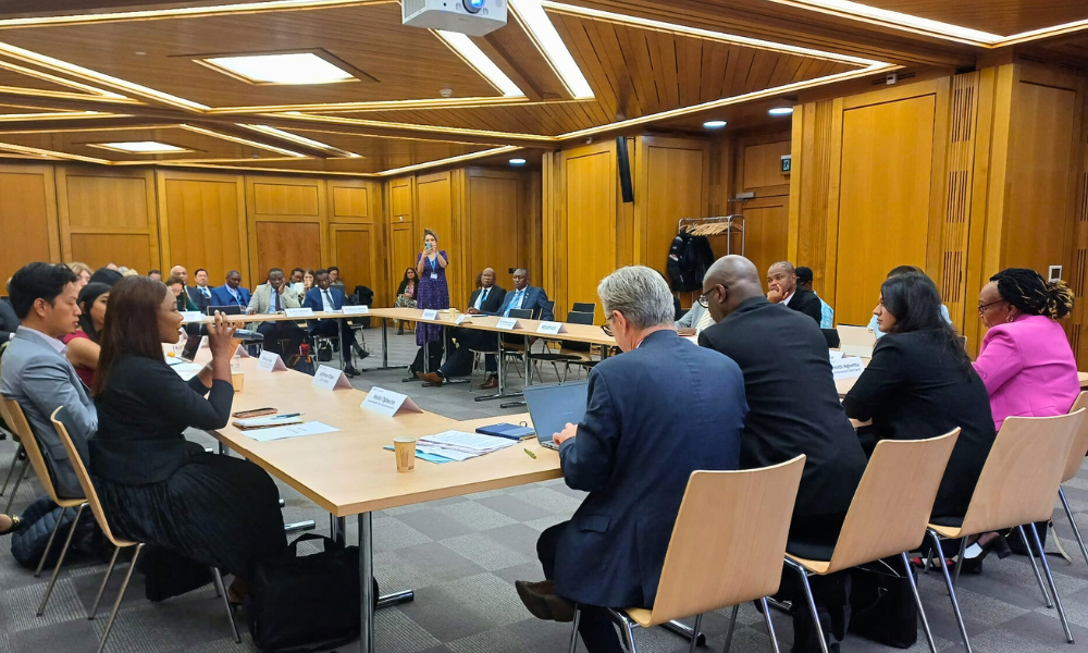 Youth delegate speaks into a microphone at the intergenerational dialogue