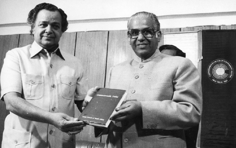 The Commonwealth Secretary General, Dr. Shridath Ramphal releasing the book Commonwealth Today at the Media Centre Vigyan Bhavan in New Delhi