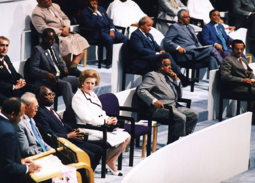UK Prime Minister Margaret Thatcher and Commonwealth Secretary-General Sonny Ramphal at the opening session of the Commonwealth Heads of Government Meeting 