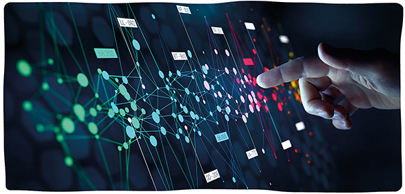 a person uses their index finger to interact with colourful nodes of data on an interactive touch-screen