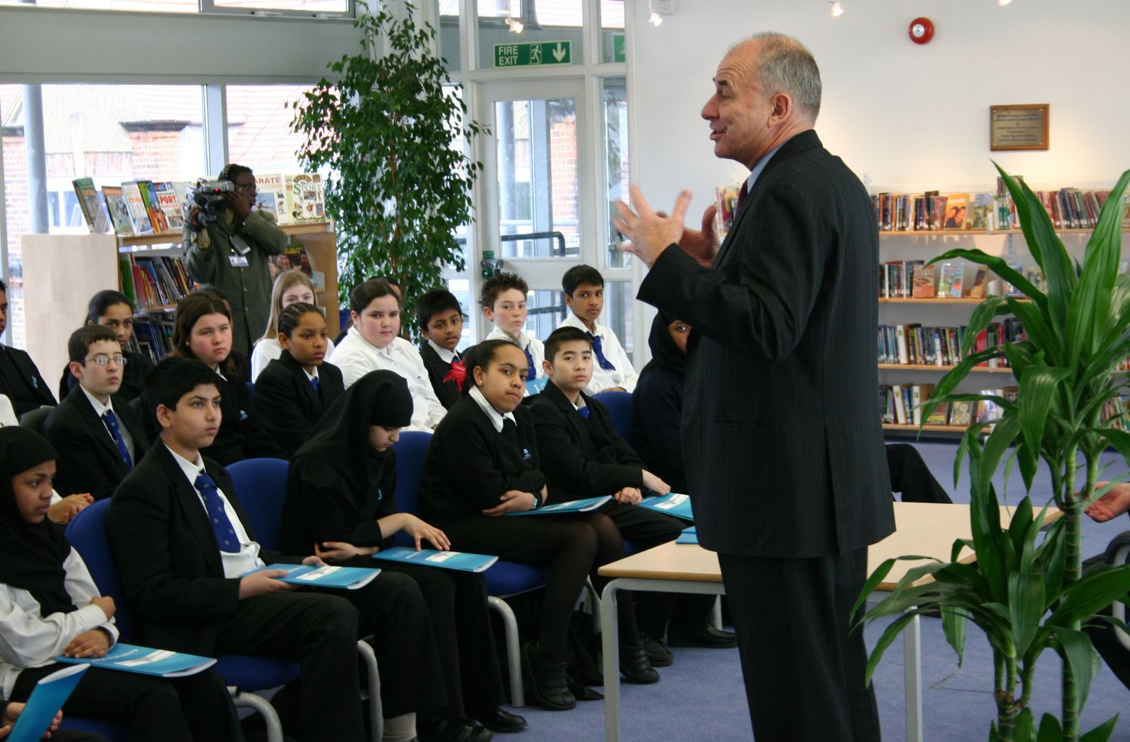 Commonwealth Secretary-General Don McKinnon speaking to students at a school in London, UK, Commonwealth Day 2004