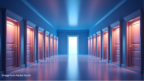 an illustration of a hallway with multiple doors leading out of it on all sides