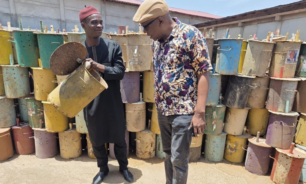 Mandla Mchunu and IEC staff tour The Gambia’s iconic voting drums in Banjul. 