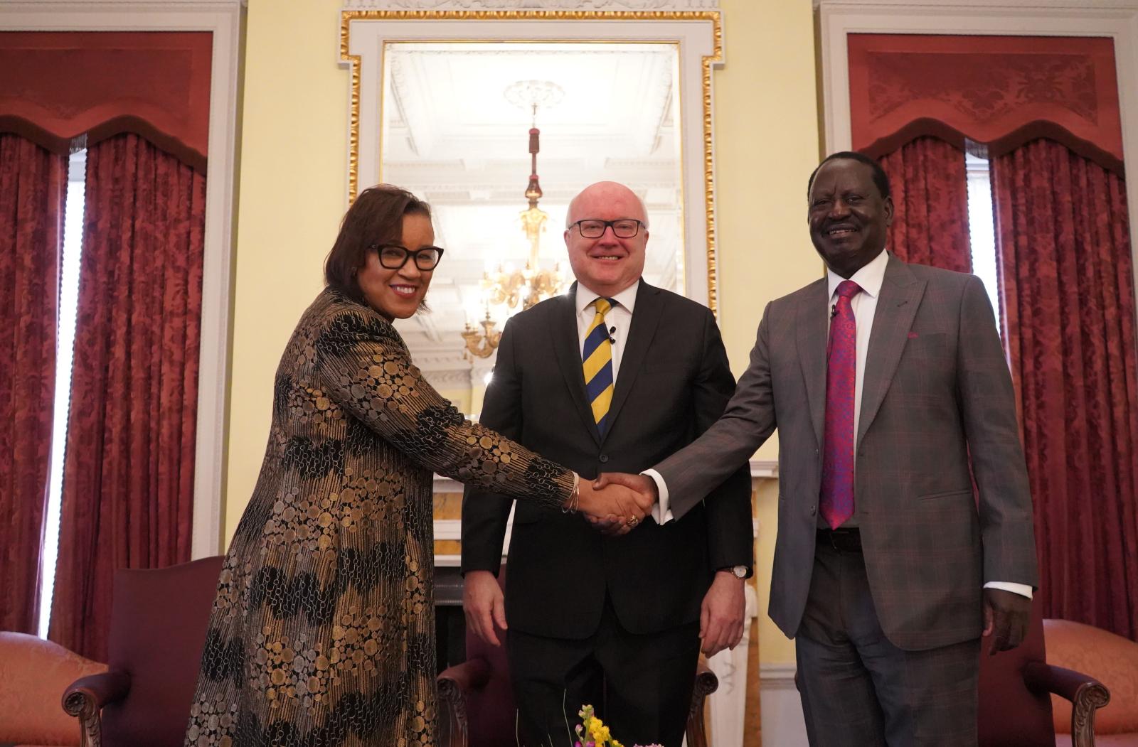 Secretary-General, Patricia Scotland, shakes hands with former Prime Minster of Kenya, Raila Odinga at the second session of the Marlborough Dialogues