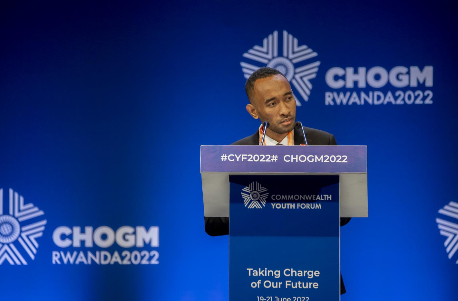 Kim Allen, Chair of the Commonwealth Youth Council, speaking at the Commonwealth Youth Forum at CHOGM 2022
