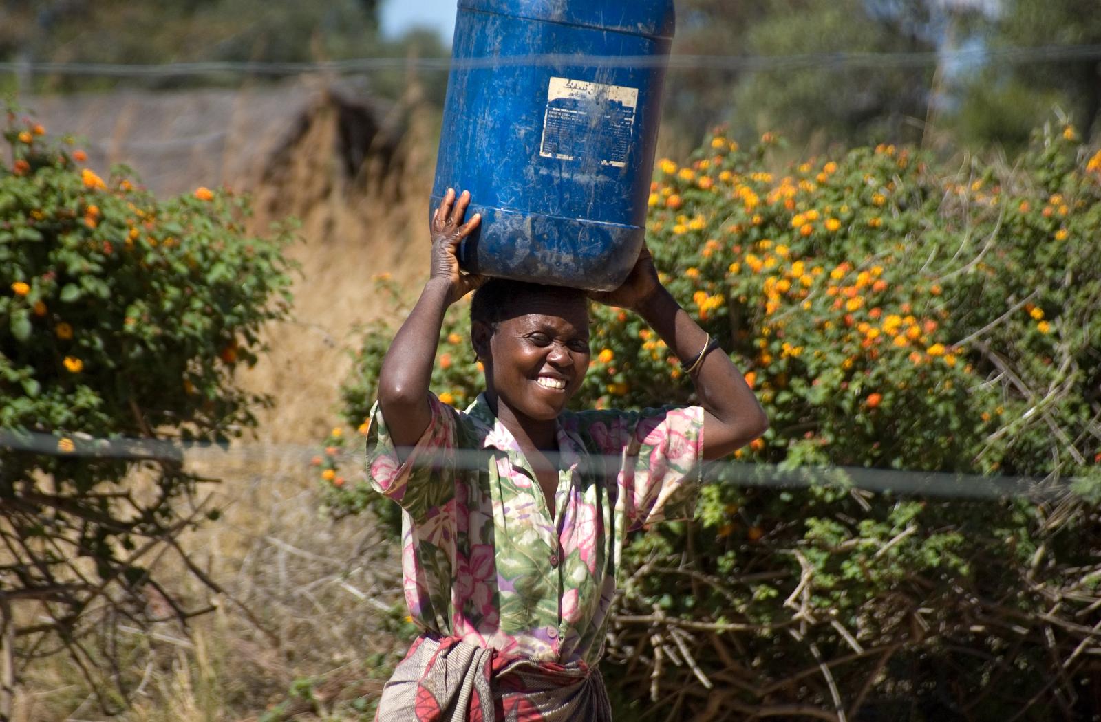 A woman carrying a bucket of water on her head (Credit: Jeff Walker/CIFOR)