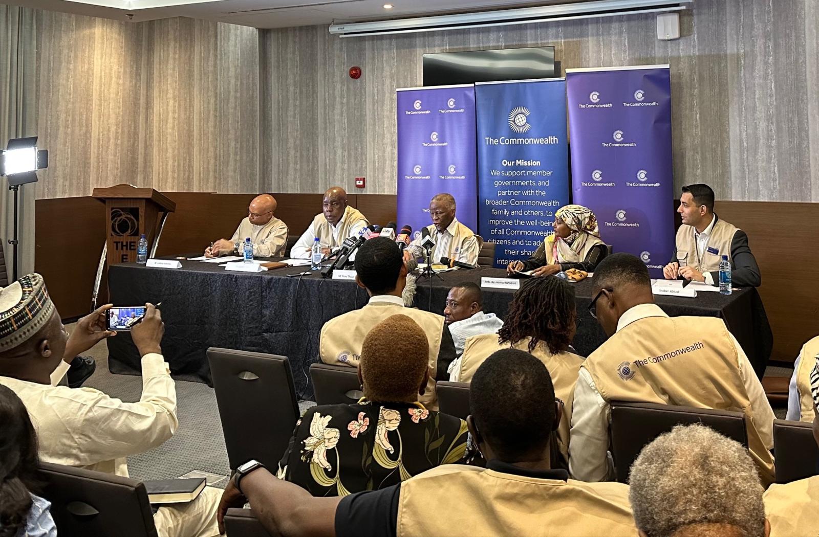Former President of South Africa making a statement at a press conference in Abuja, Nigeria on the elections