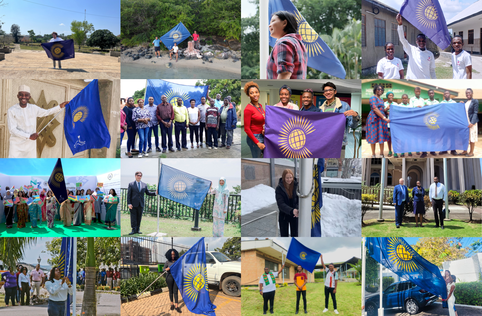 Collage of young people raising the Commonwealth Flag for Peace around the Commonwealth