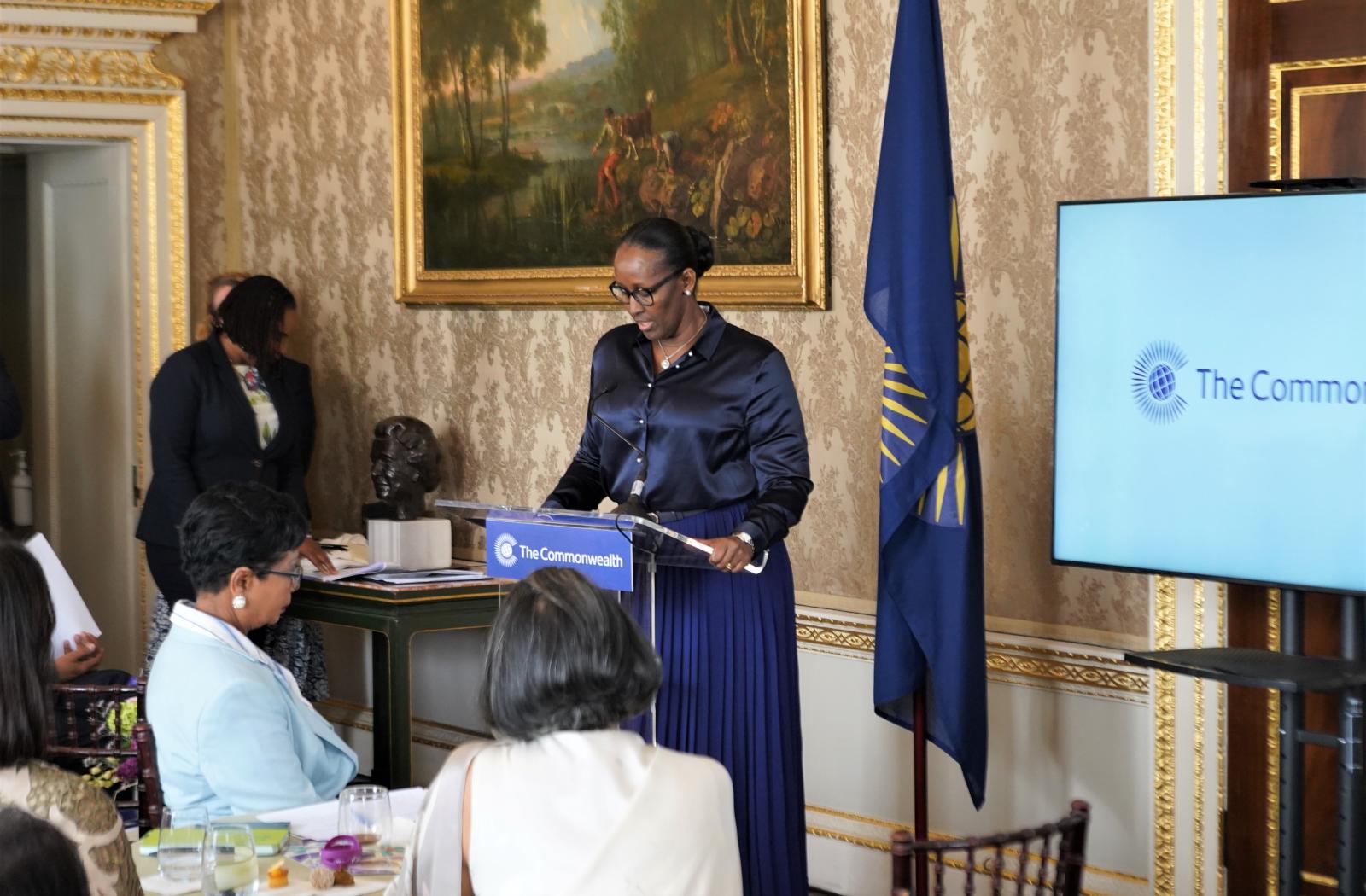 First Lady of Rwanda, H.E. Jeannette Kagame, speaking at the gathering of spouses and partners of Commonwealth Heads of Government 