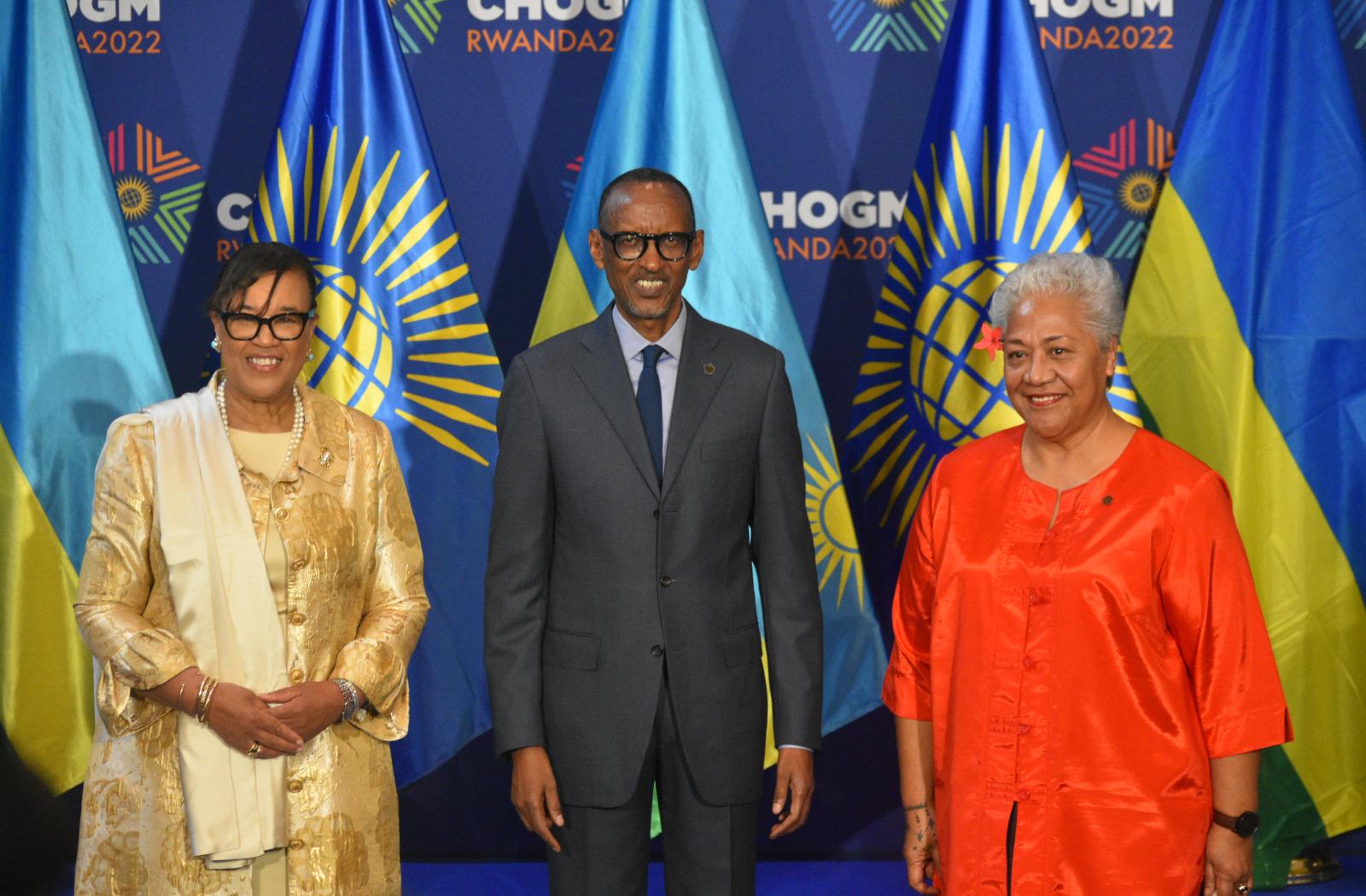 The Commonwealth Secretary-General, the Rt Hon Patricia Scotland KC, President of Rwanda, Paul Kagame, and Prime Minister of Samoa, Hon. Fiamē Naomi Mataʻafa, at the opening ceremony of CHOGM 2022