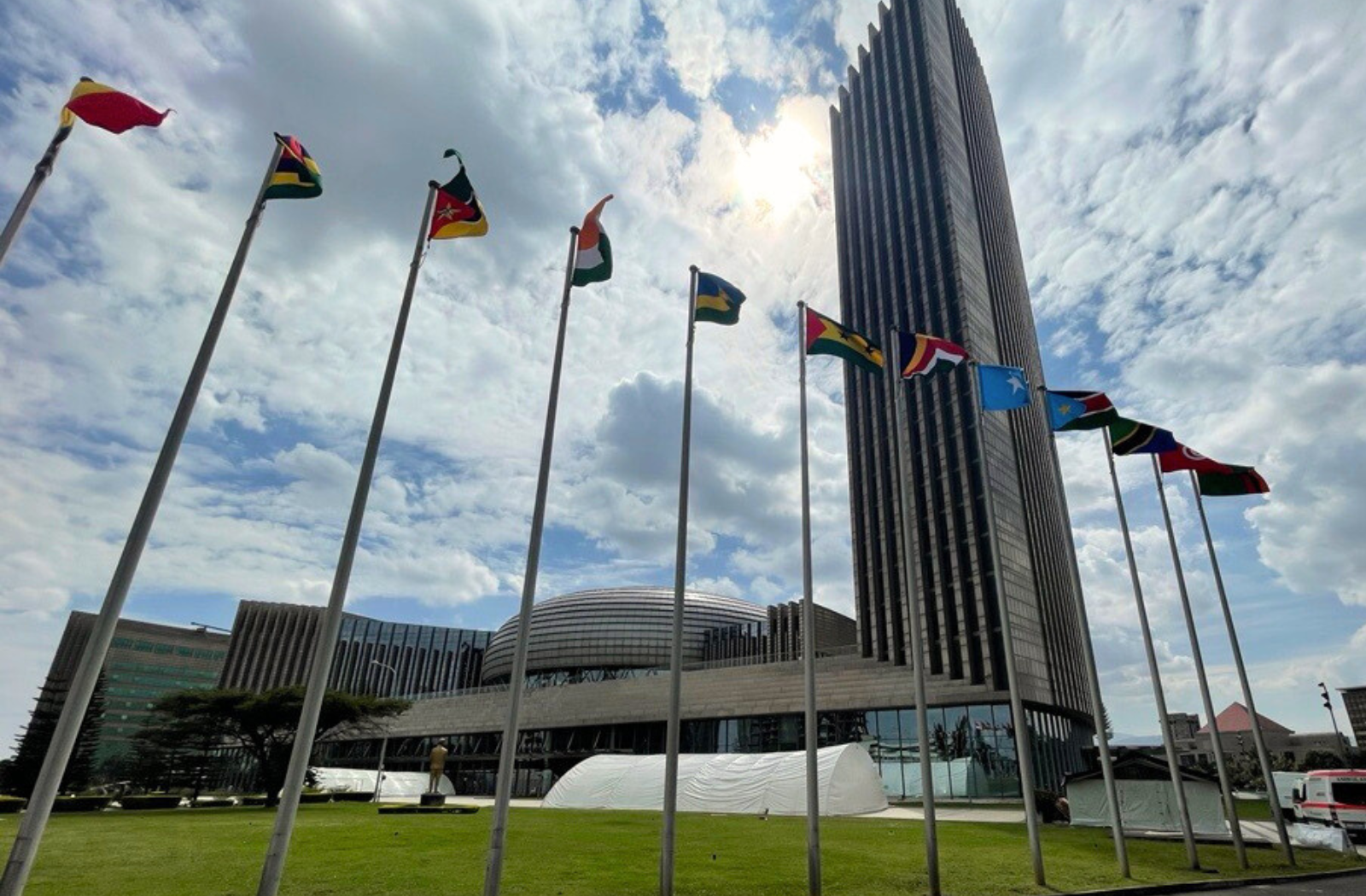 Flags outside the African Union headquarters in Addis Ababa, Ethiopia