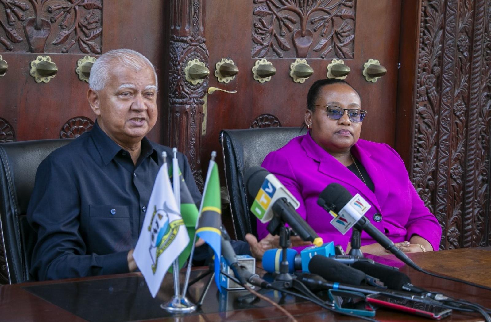 Photo caption: Hon Ambassador Dr Pindi H. Chana, the United Republic of Tanzania’s Minister of Constitutional and Legal Affairs, and Hon Haroun Ali Suleiman, Zanzibar's Minister for Constitution, Legal Affairs and Public Service, at the press conference