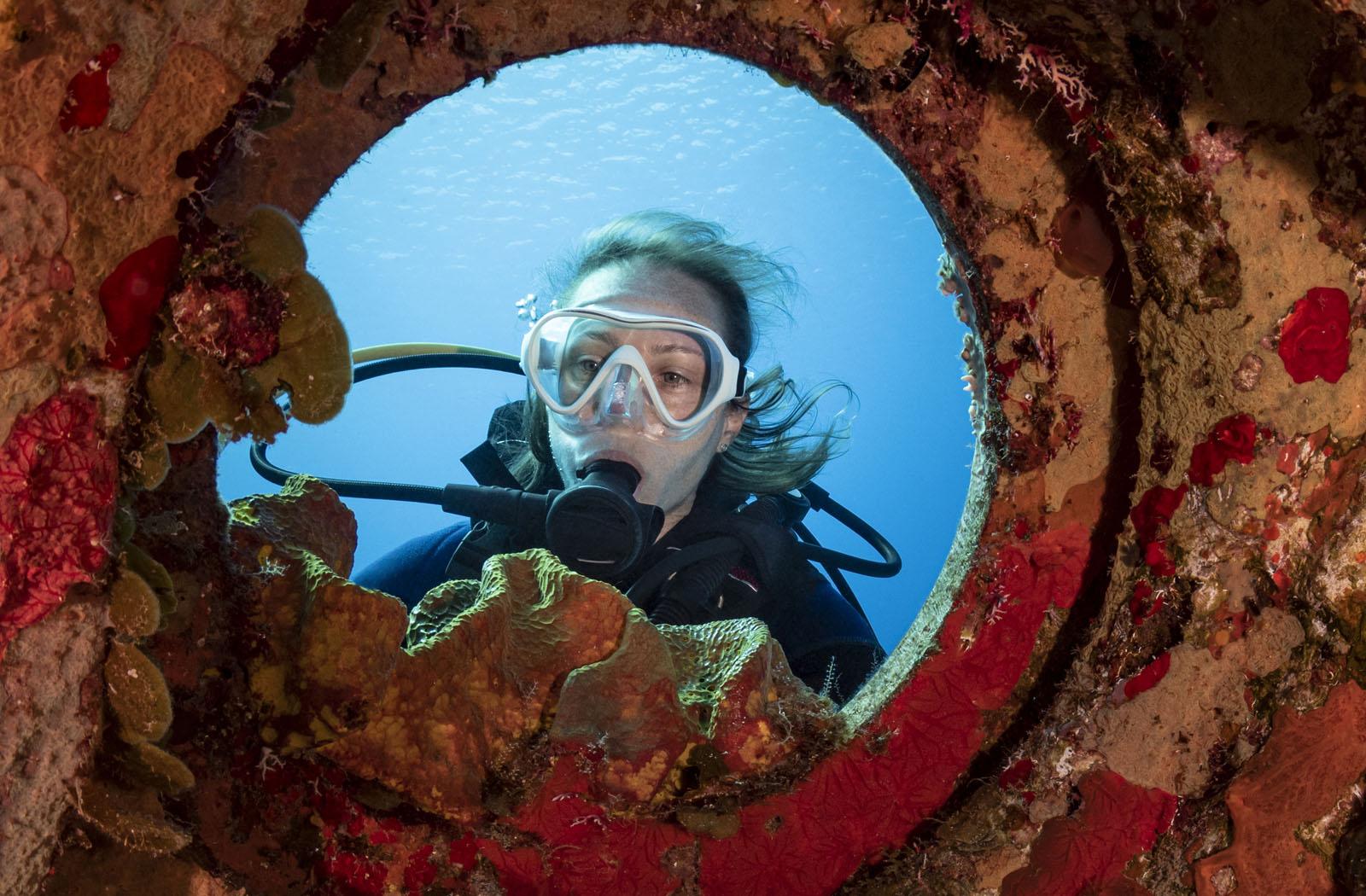 woman diver looking through coral