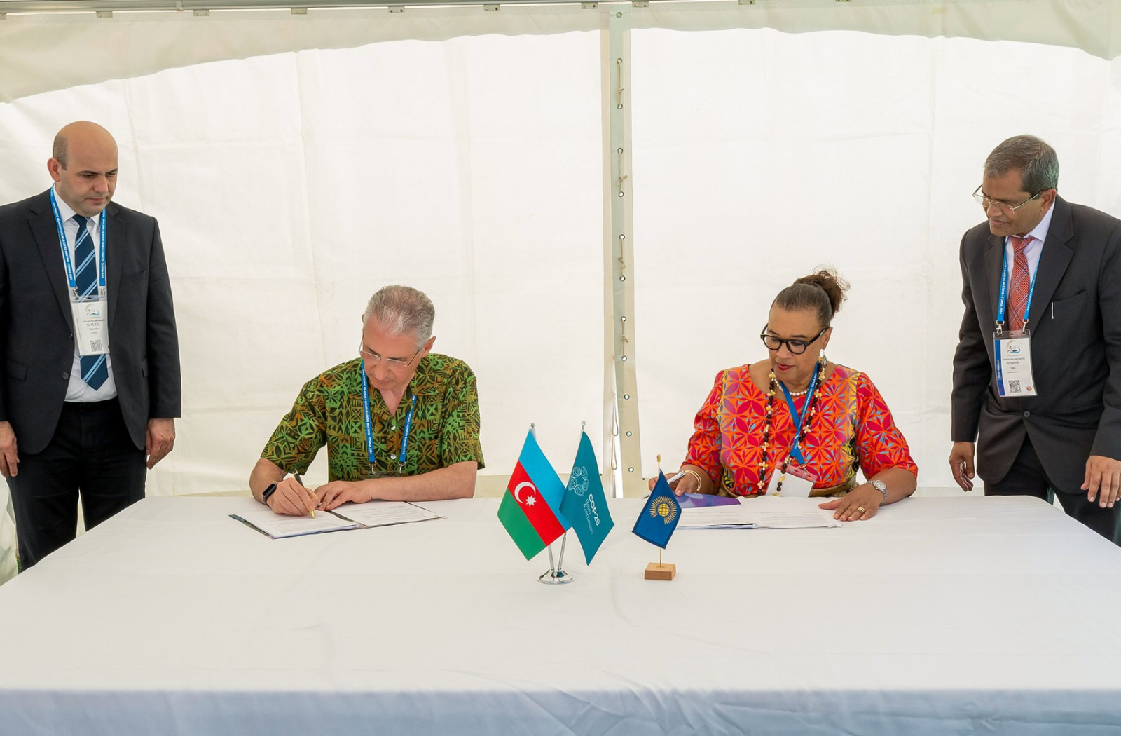 The Commonwealth Secretary-General, Rt Hon Patricia Scotland KC, and Mukhtar Babayev, COP29 President-Designate and Minister of Ecology and Natural Resources, Government of Azerbaijan, signing the joint declaration and MoU 53rd Pacific Islands Forum Leaders Meeting in Tonga