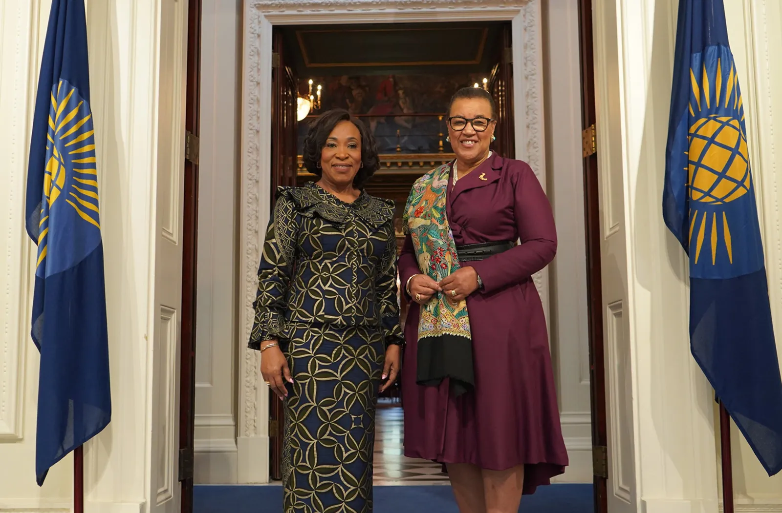 Incoming Commonwealth Secretary-General the Hon. Shirley Ayorkor Botchwey and outgoing Secretary-General the Rt Hon. Patricia Scotland KC, in Marlborough House, London