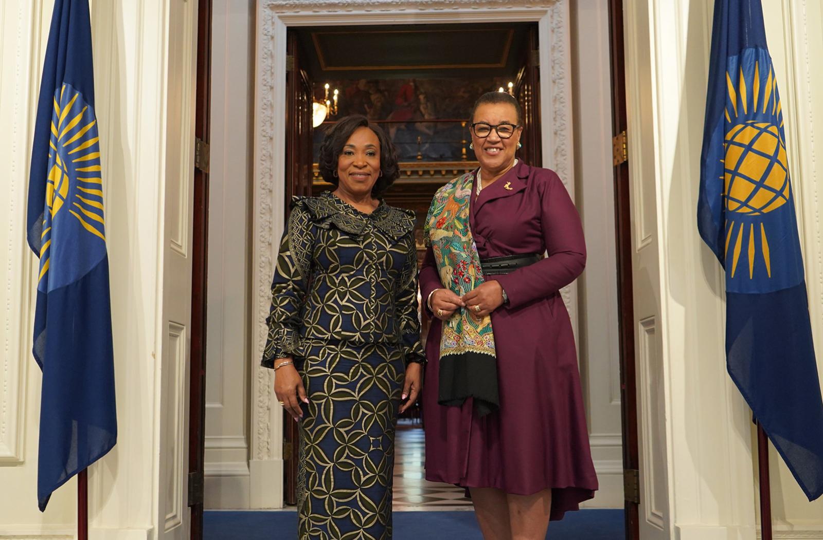Incoming Commonwealth Secretary-General the Hon. Shirley Ayorkor Botchwey and outgoing Secretary-General the Rt Hon. Patricia Scotland KC, in Marlborough House, London