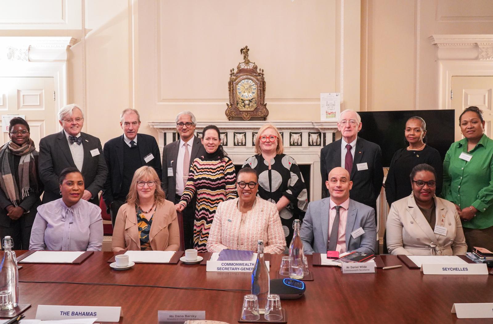 A group photo of Commonwealth Secretary-General and experts who participated in the roundtable discussion on enhancing disaster resilience for SIDS at Marlborough House