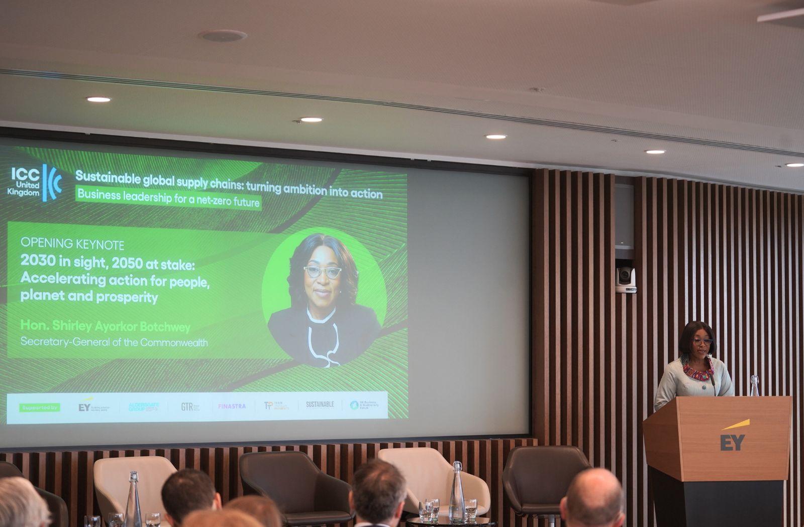 Shirley Botchwey, Commonwealth Secretary-General speaking at the International Chamber of Commerce