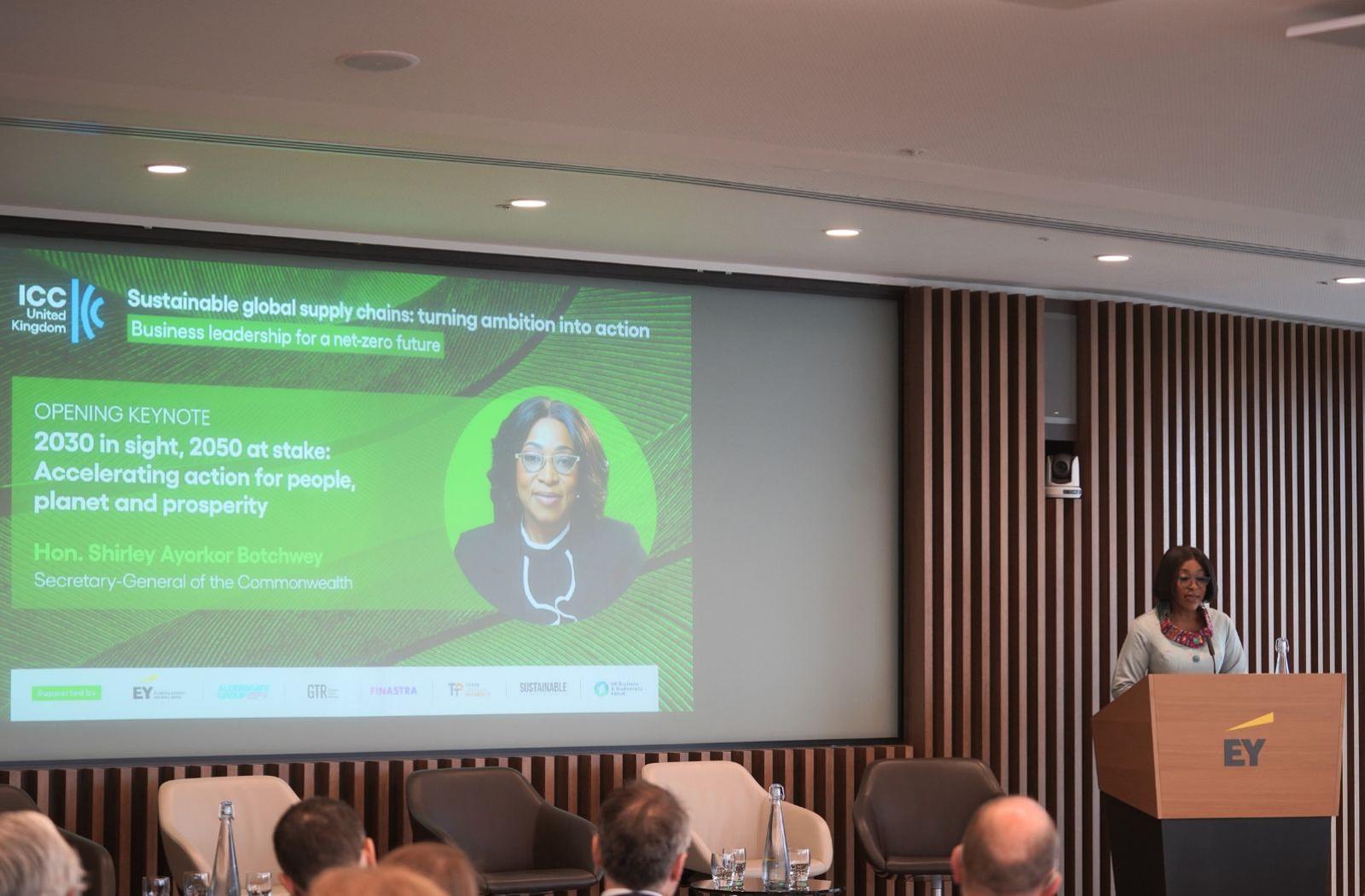 Shirley Botchwey, Commonwealth Secretary-General speaking at the International Chamber of Commerce