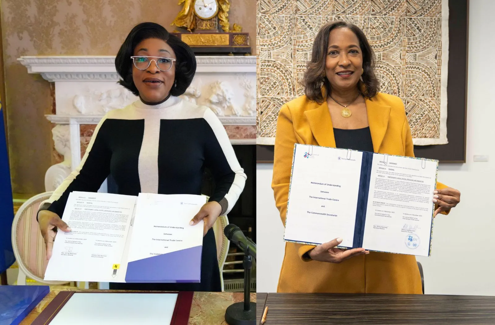 Commonwealth Secretary-General Shirley Botchwey and ITC Executive Director Pamela Coke-Hamilton holding up the Memorandum of Understanding