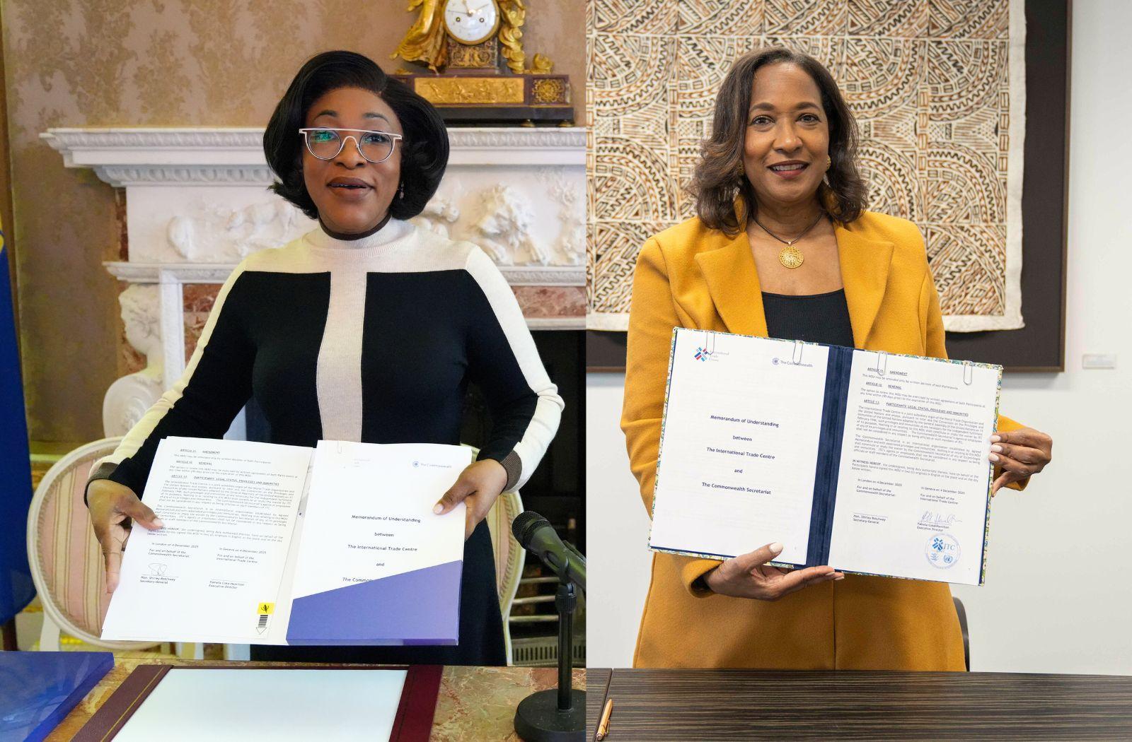 Commonwealth Secretary-General Shirley Botchwey and ITC Executive Director Pamela Coke-Hamilton holding up the Memorandum of Understanding