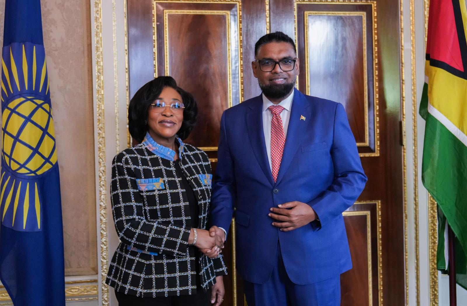 The Commonwealth Secretary-General, the Hon Shirley Botchwey, and His Excellency Dr Mohamed Irfaan Ali, President of the Co-operative Republic of Guyana