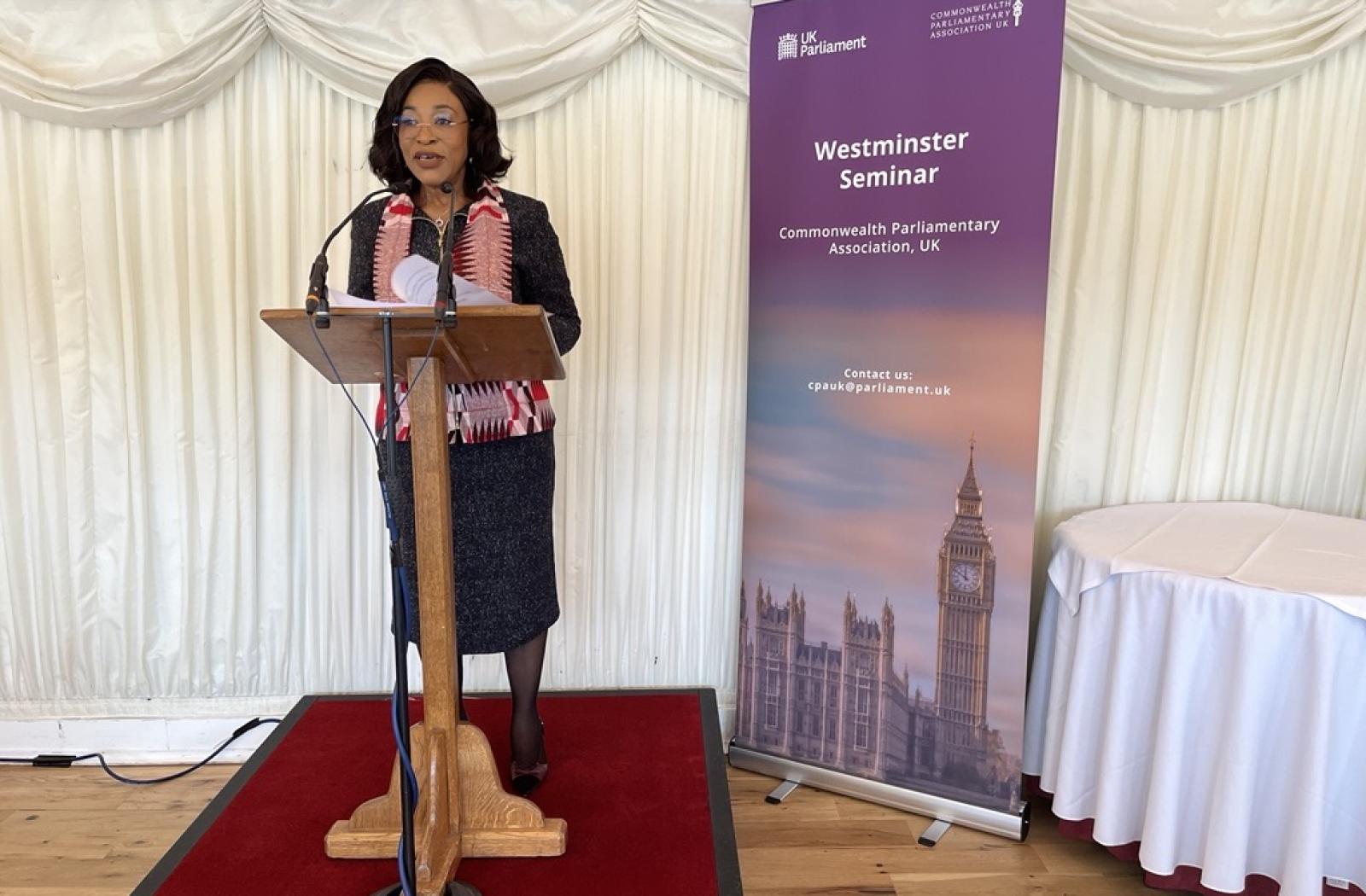 Hon Shirley Botchwey speaking at a Westminster Seminar