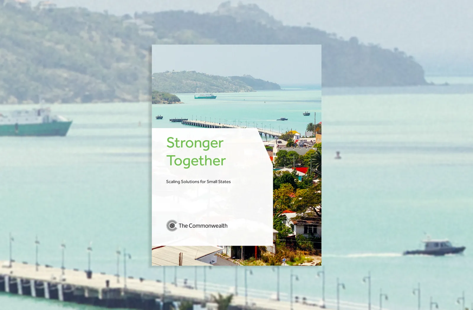 cover image of the 'Stronger Together' small states bulletin, which shows a tropical harbour city scene