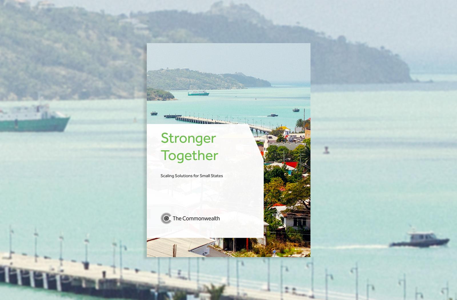 cover image of the 'Stronger Together' small states bulletin, which shows a tropical harbour city scene