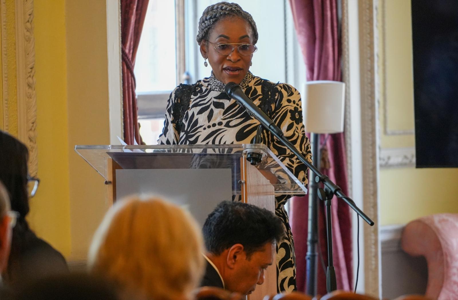 Commonwealth Secretary-General Shirley Botchwey speaking at the podium
