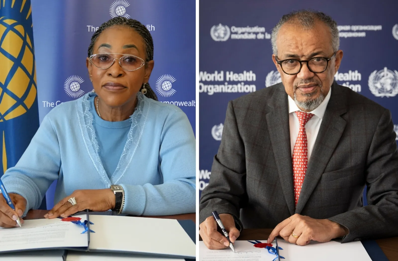Commonwealth Secretary-General, Hon Shirley Botchwey, and the WHO Director-General, Dr Tedros Adhanom Ghebreyesus, signing an MOU