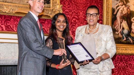 Maya Nanan, 2023 Commonwealth Youth Award Winner, with the Duke of Edinburgh and Commonwealth Secretary-General
