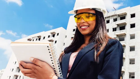 building development with a woman in hard hat and notebook