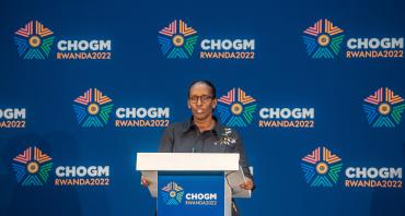 First Lady of Rwanda Jeannette Kagame delivers an address at a mental health event during CHOGM 2022