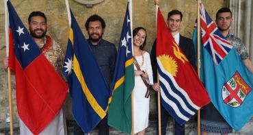 Flag bearers representing Pacific countries in the Commonwealth, including Kiribati, at the 2022 Commonwealth Day service.