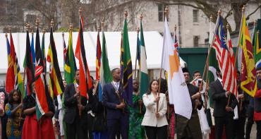 Flag bearers from Commonwealth countries, including Cyprus, outside Westminster Abbey at the 2022 Commonwealth Day service