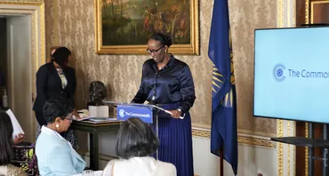 First Lady of Rwanda, H.E. Jeannette Kagame, speaking at the gathering of spouses and partners of Commonwealth Heads of Government