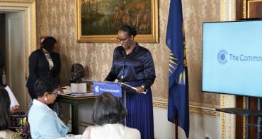 First Lady of Rwanda, H.E. Jeannette Kagame, speaking at the gathering of spouses and partners of Commonwealth Heads of Government 
