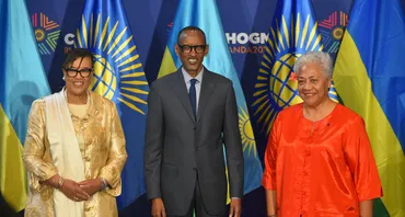 The Commonwealth Secretary-General, the Rt Hon Patricia Scotland KC, President of Rwanda, Paul Kagame, and Prime Minister of Samoa, Hon. Fiamē Naomi Mataʻafa, at the opening ceremony of CHOGM 2022
